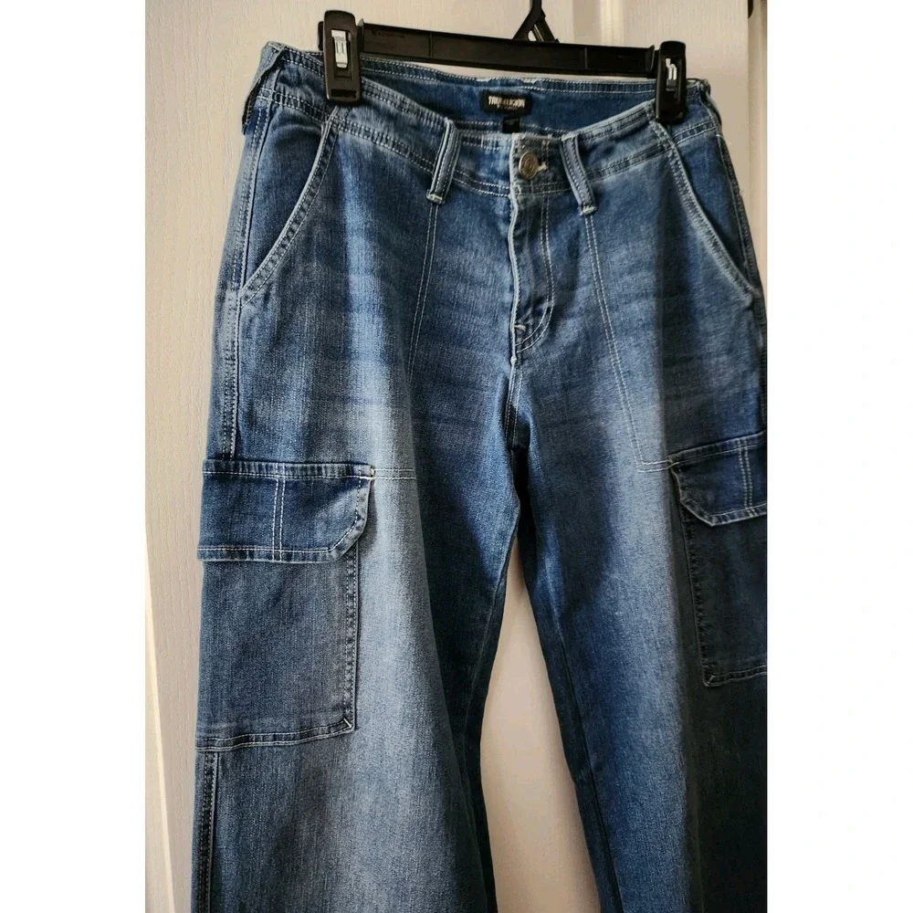 TRUE RELIGION Womens Cargo Straight Leg Blue Jeans Pants Pockets Stretch Size 27